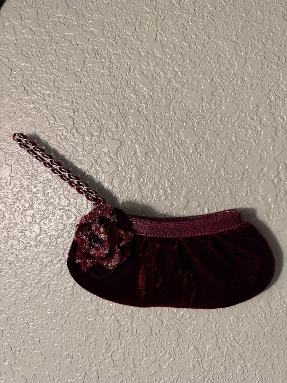 Liz Claiborne Velvet Wristlet Clutch with Floral Accent - Burgundy